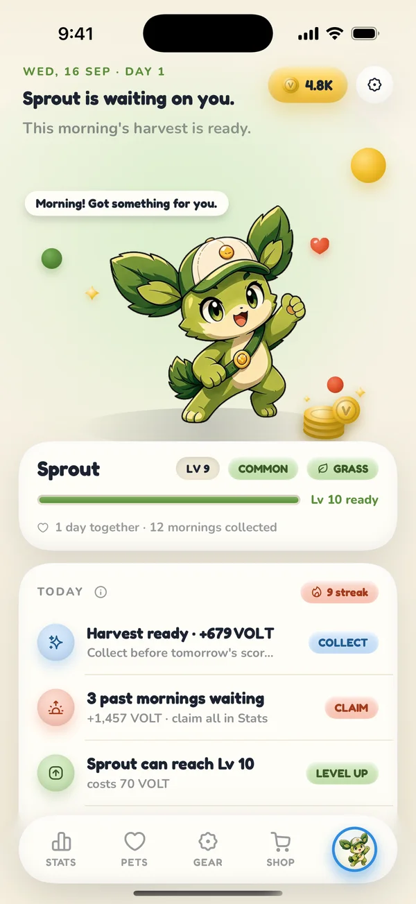 The home screen: Sprout in its living room, with today's agenda and the Collect action